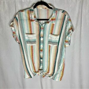 Eden & Olivia Short Sleeve Striped Button Up Tie Shirt Size Large